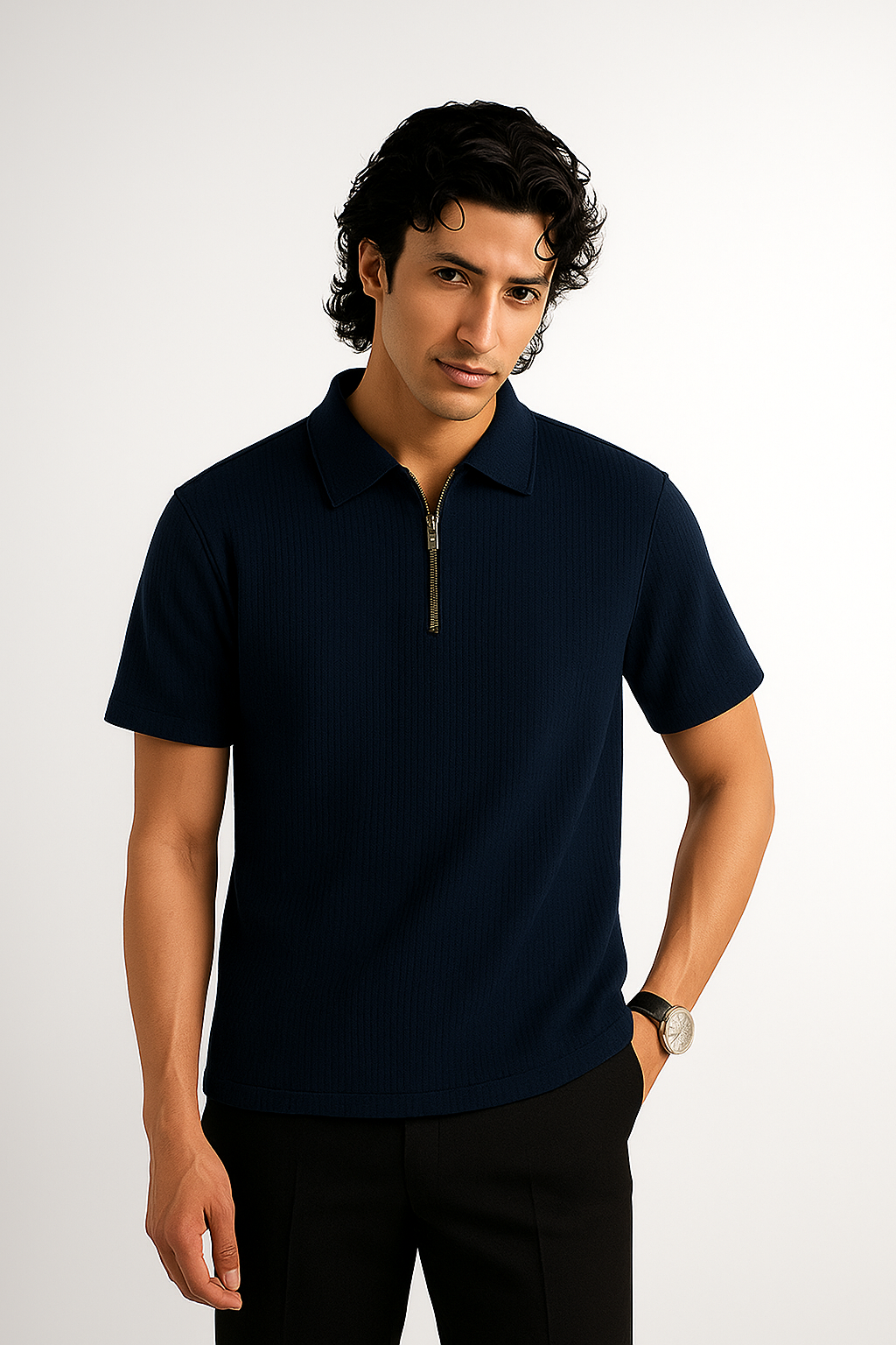 Navy Blue Half-Zipped Thermal Line  Polo Shirt