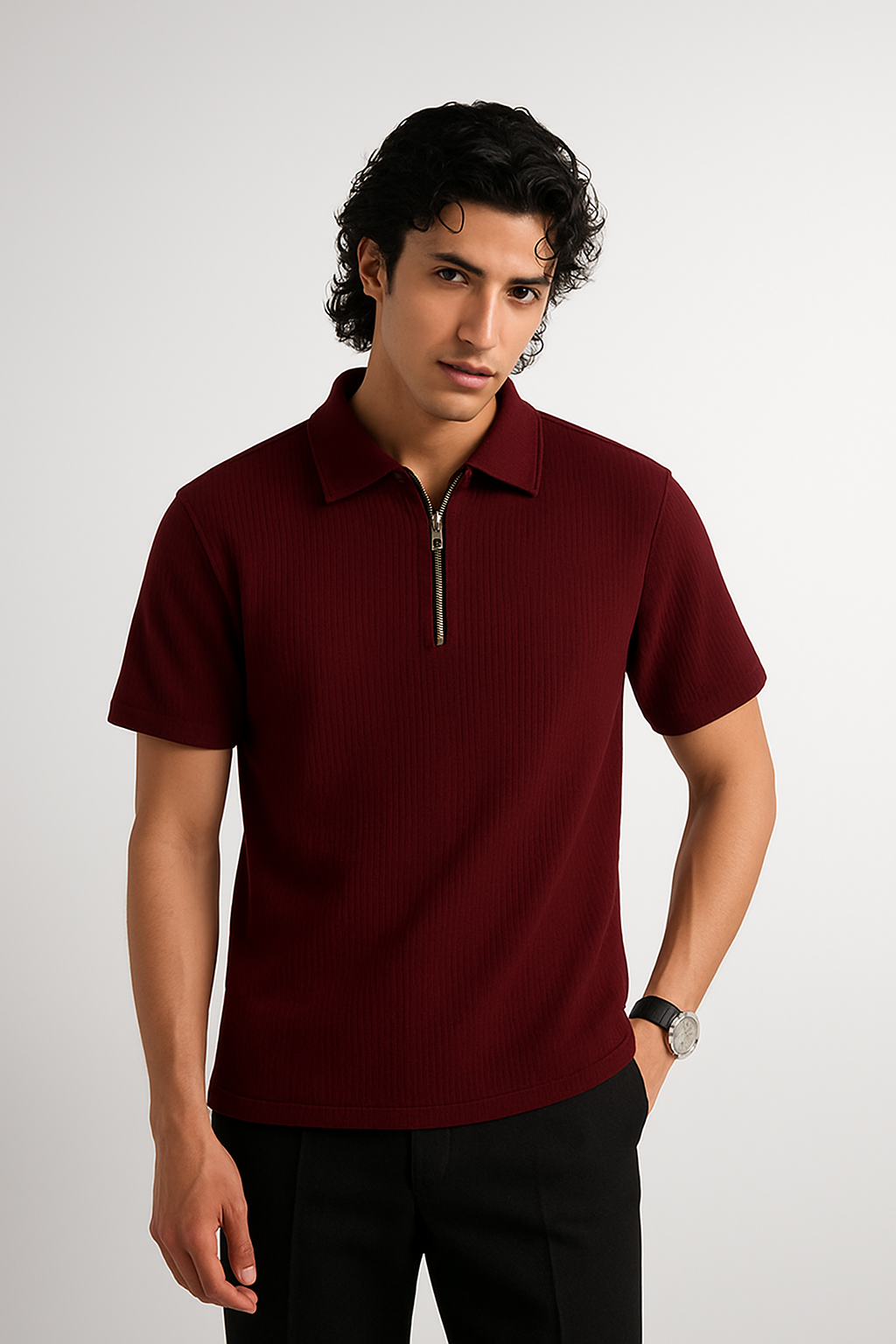 Maroon Half-Zipped Thermal Line  Polo Shirt