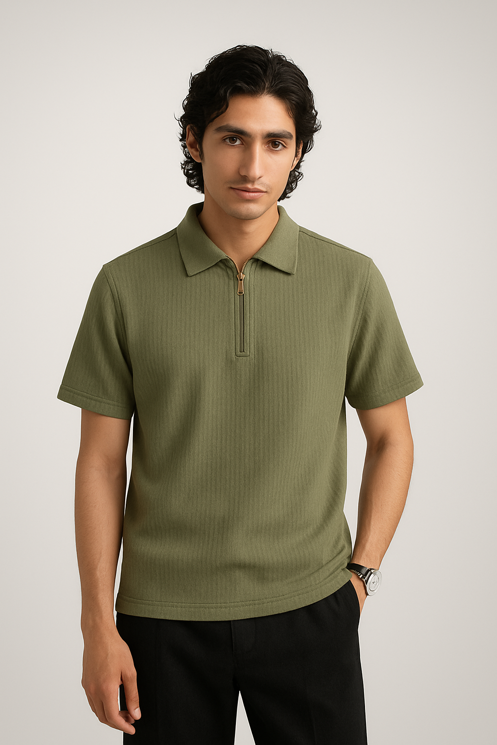 Light Green Half-Zipped Thermal Line  Polo Shirt