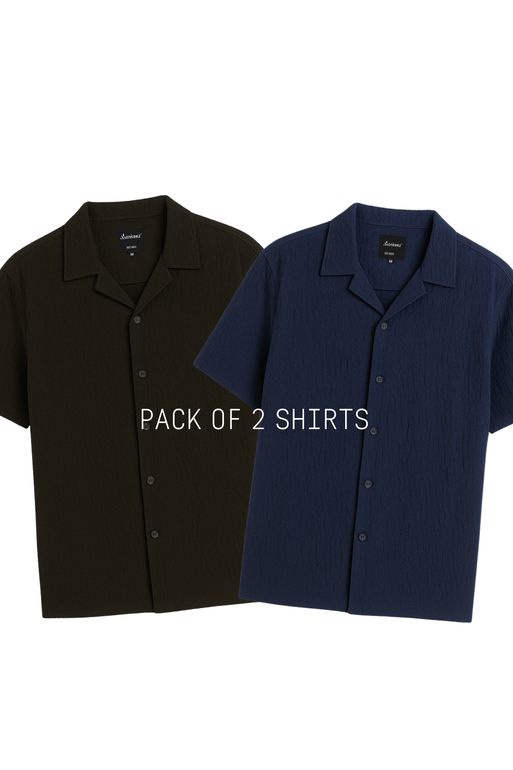 Set Of 2 Crinkle Texture Cuban Collar Shirt - Navy Blue & Black
