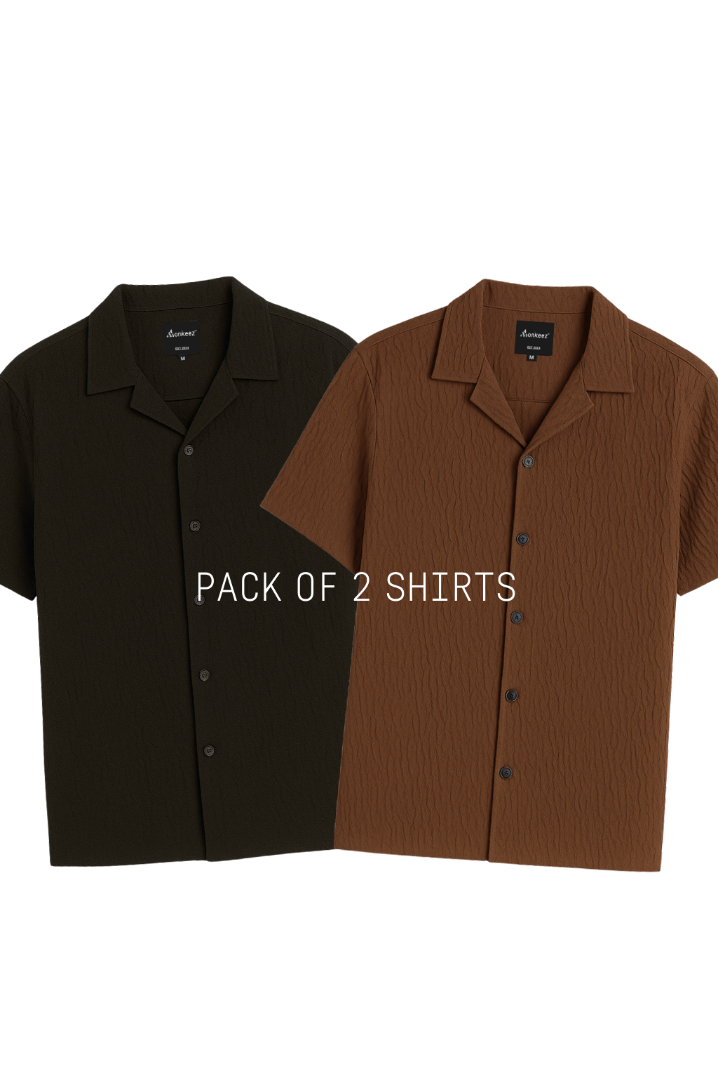 Set Of 2 Crinkle Texture Cuban Collar Shirt - Brown & Black