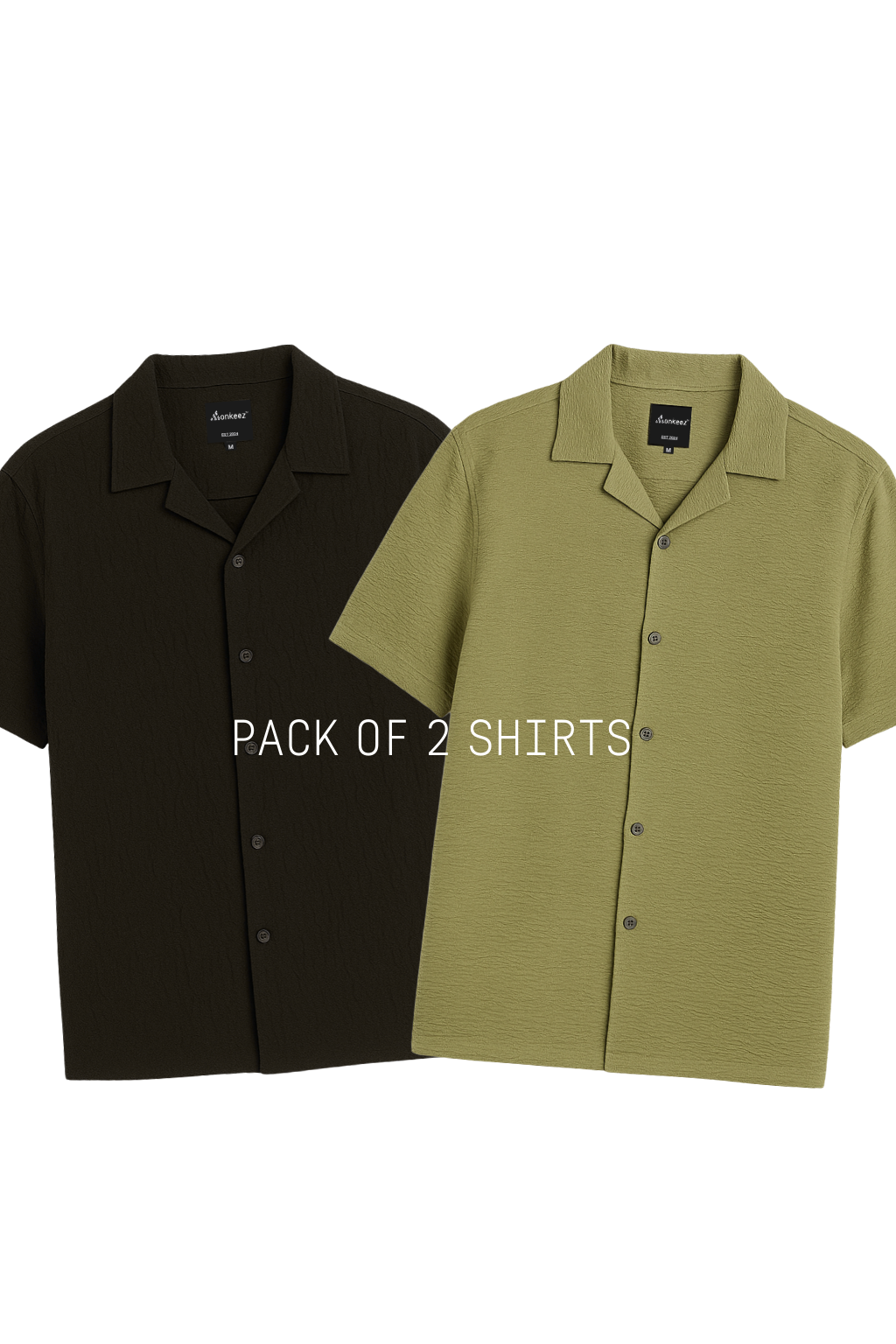 Set Of 2 Crinkle Texture Cuban Collar Shirt - Cactus Green & Black