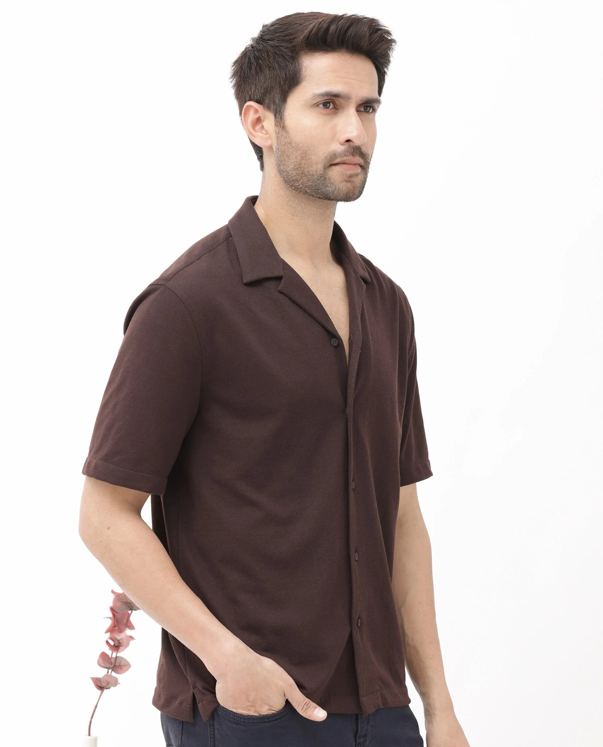 Textured Cuban Collar Shirt - Dark Brown