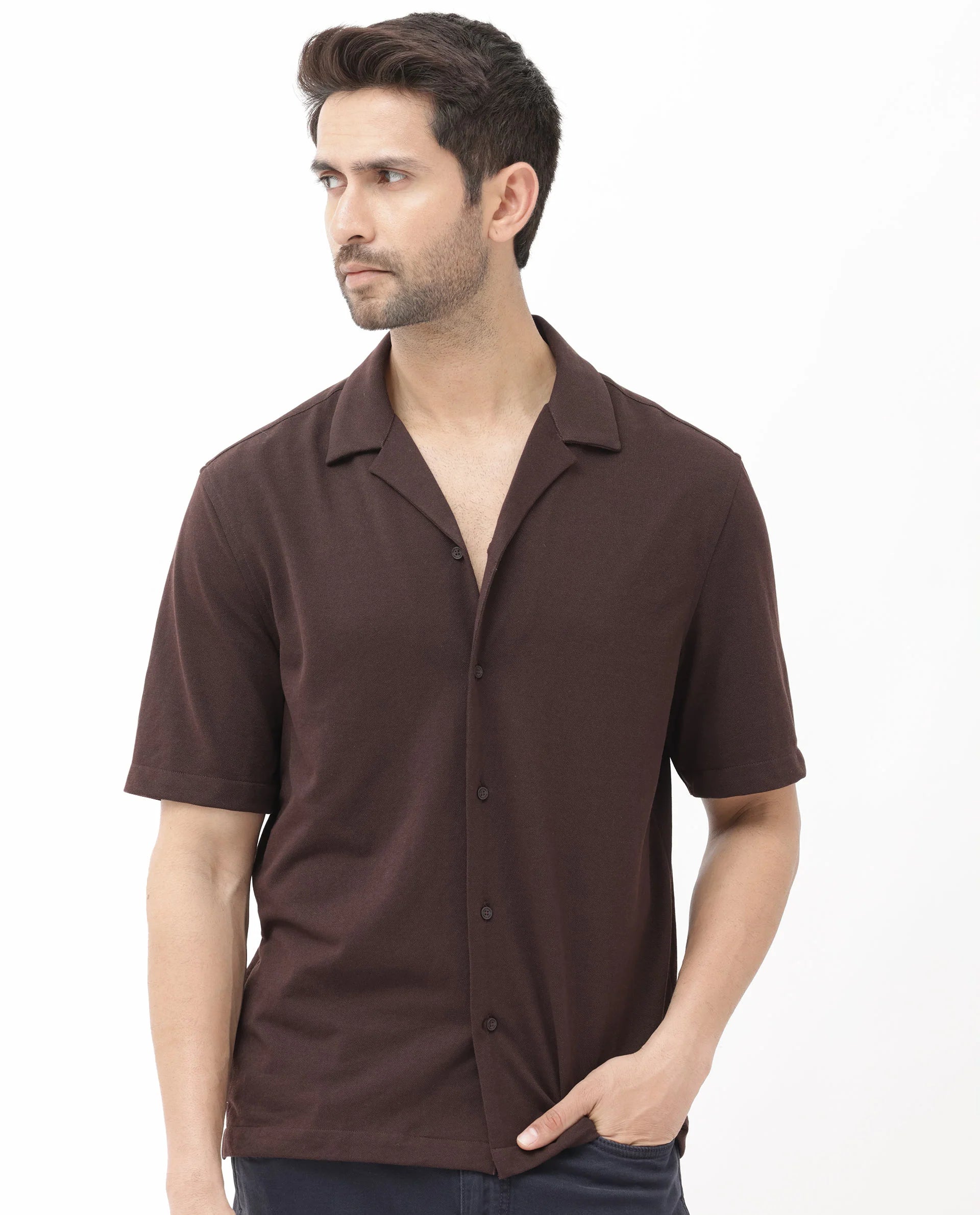 Textured Cuban Collar Shirt - Dark Brown