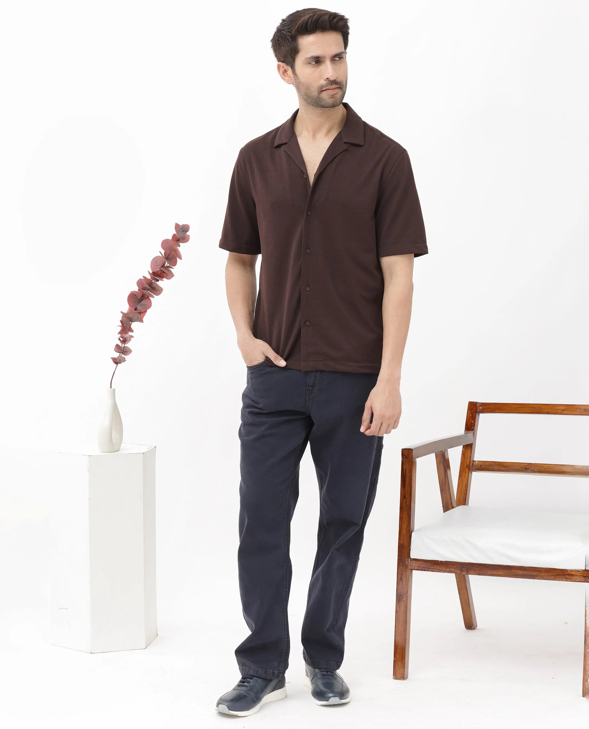 Textured Cuban Collar Shirt - Dark Brown