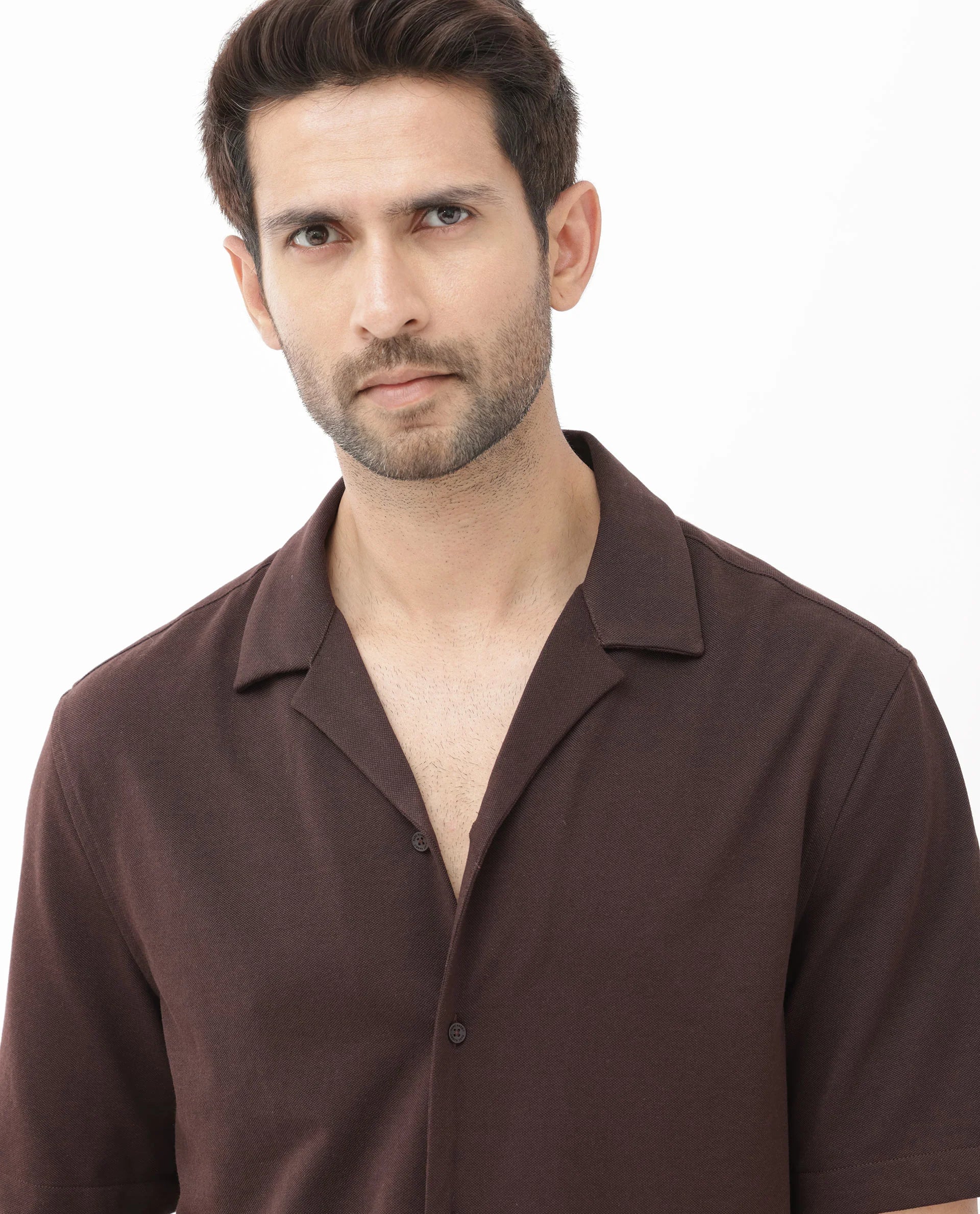 Textured Cuban Collar Shirt - Dark Brown