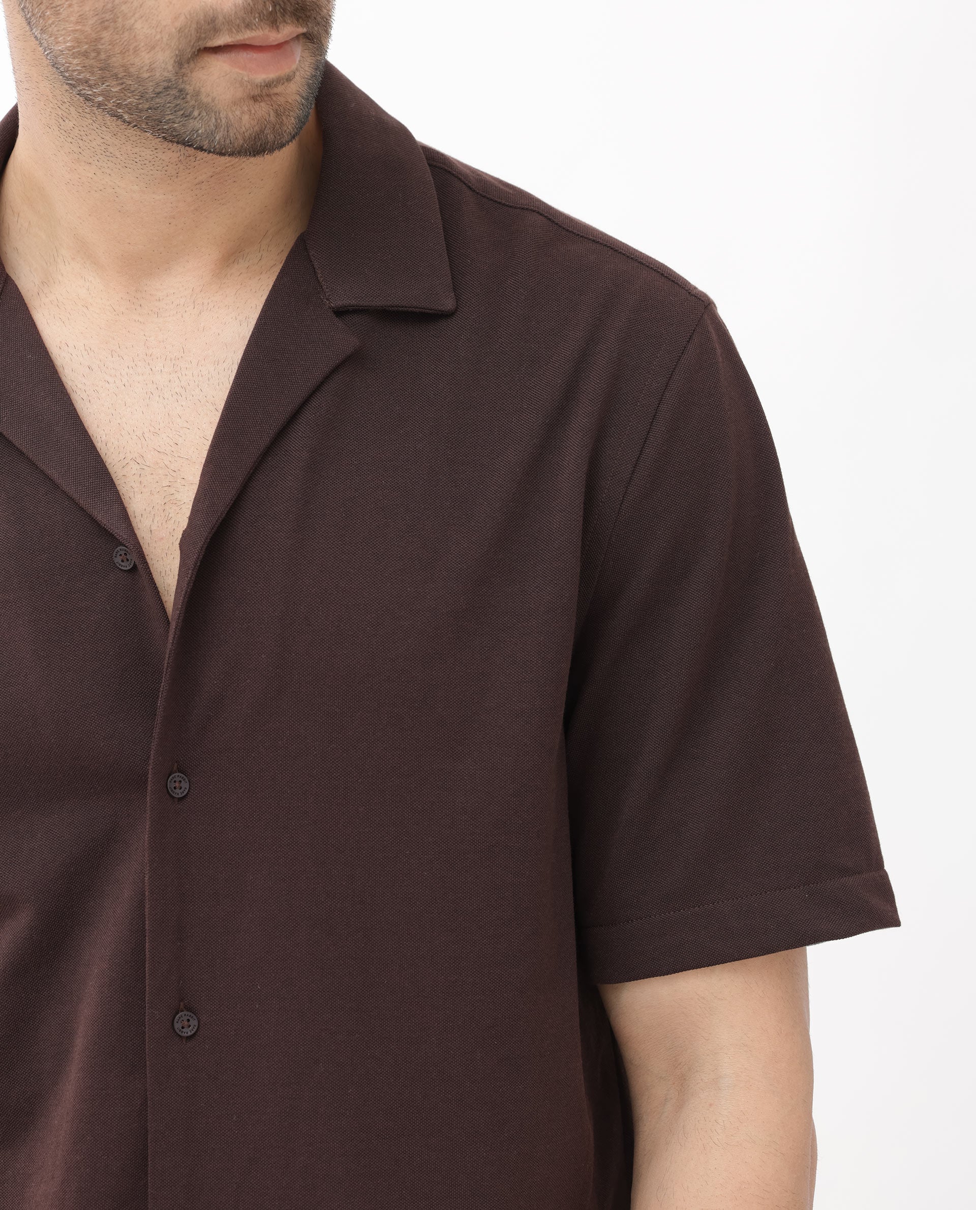 Textured Cuban Collar Shirt - Dark Brown