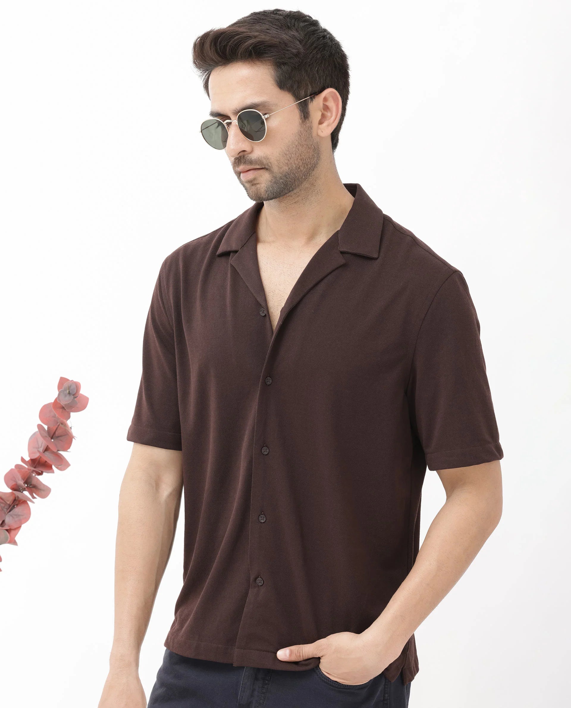 Textured Cuban Collar Shirt - Dark Brown