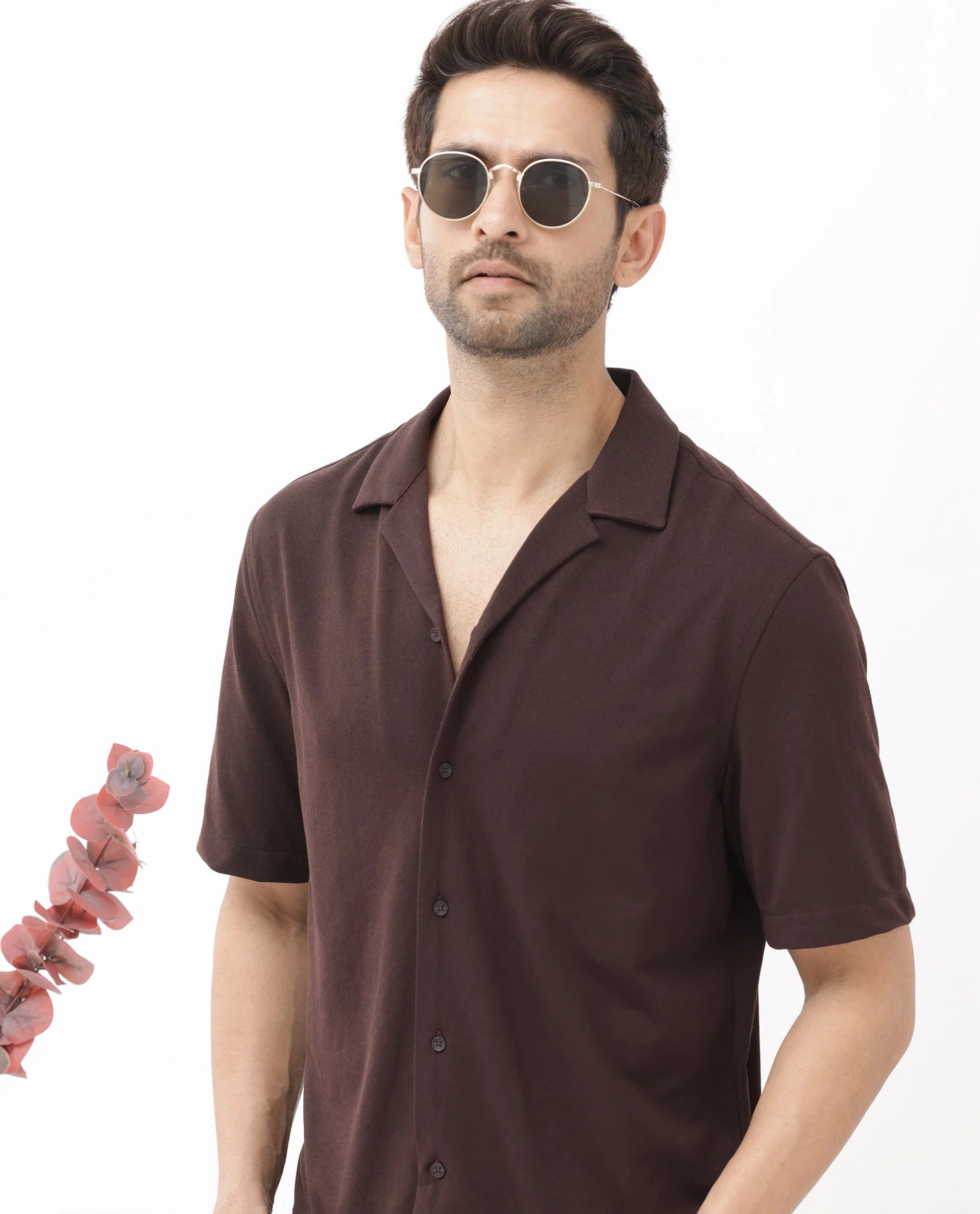 Textured Cuban Collar Shirt - Dark Brown