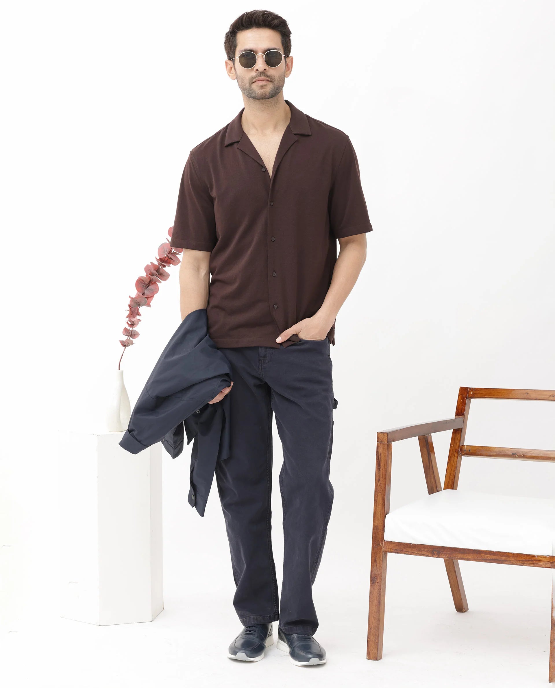 Textured Cuban Collar Shirt - Dark Brown
