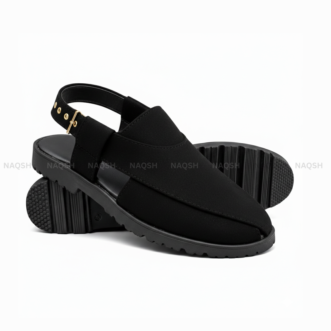 Wedge Suede Peshawari Sandal - Black