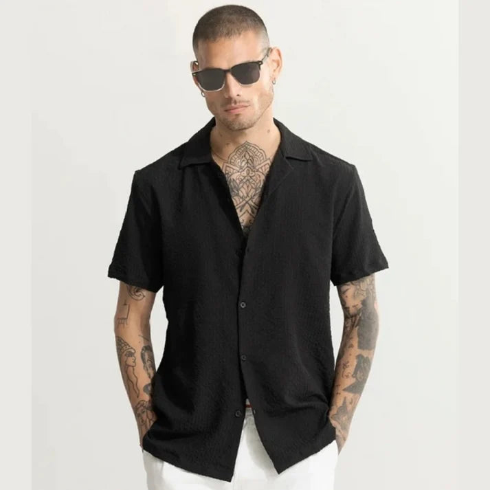 Dotted Cuban Collar Shirt - Black