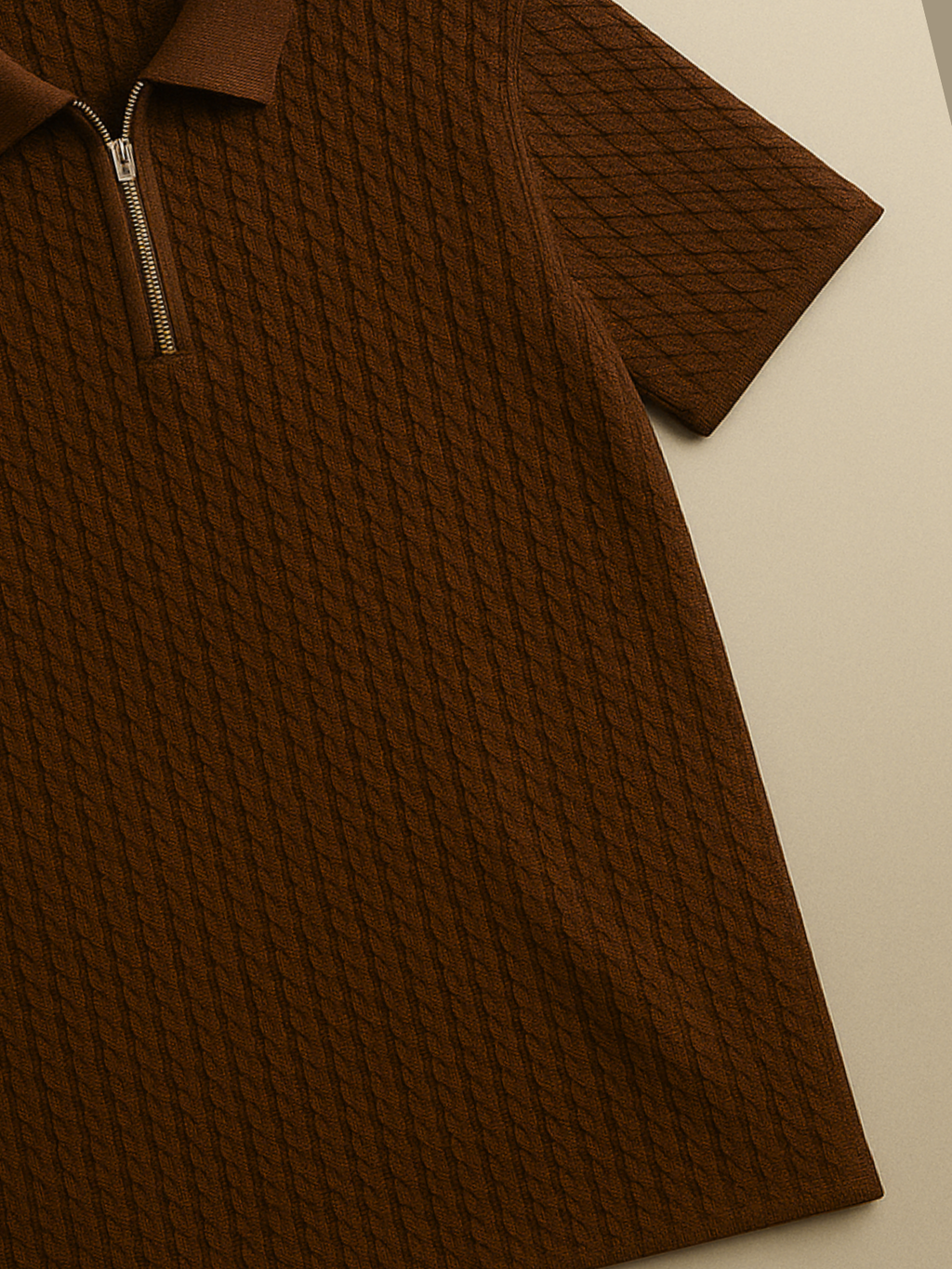 Embose Knitted Zipped Polo - Brown