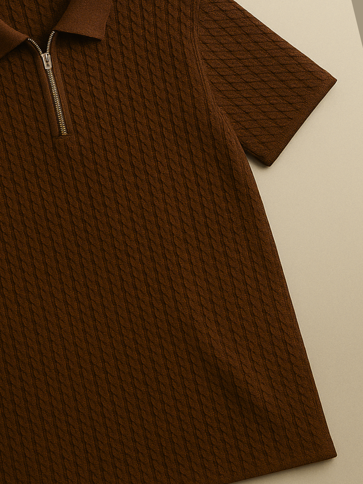 Embose Knitted Zipped Polo - Brown