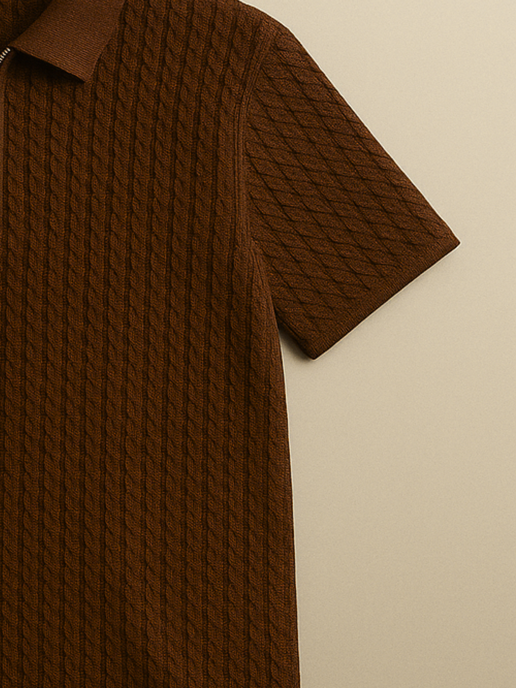 Embose Knitted Zipped Polo - Brown