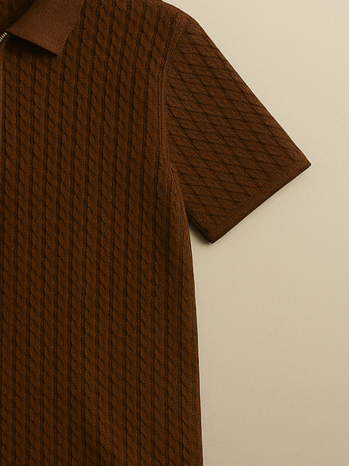 Embose Knitted Zipped Polo - Brown