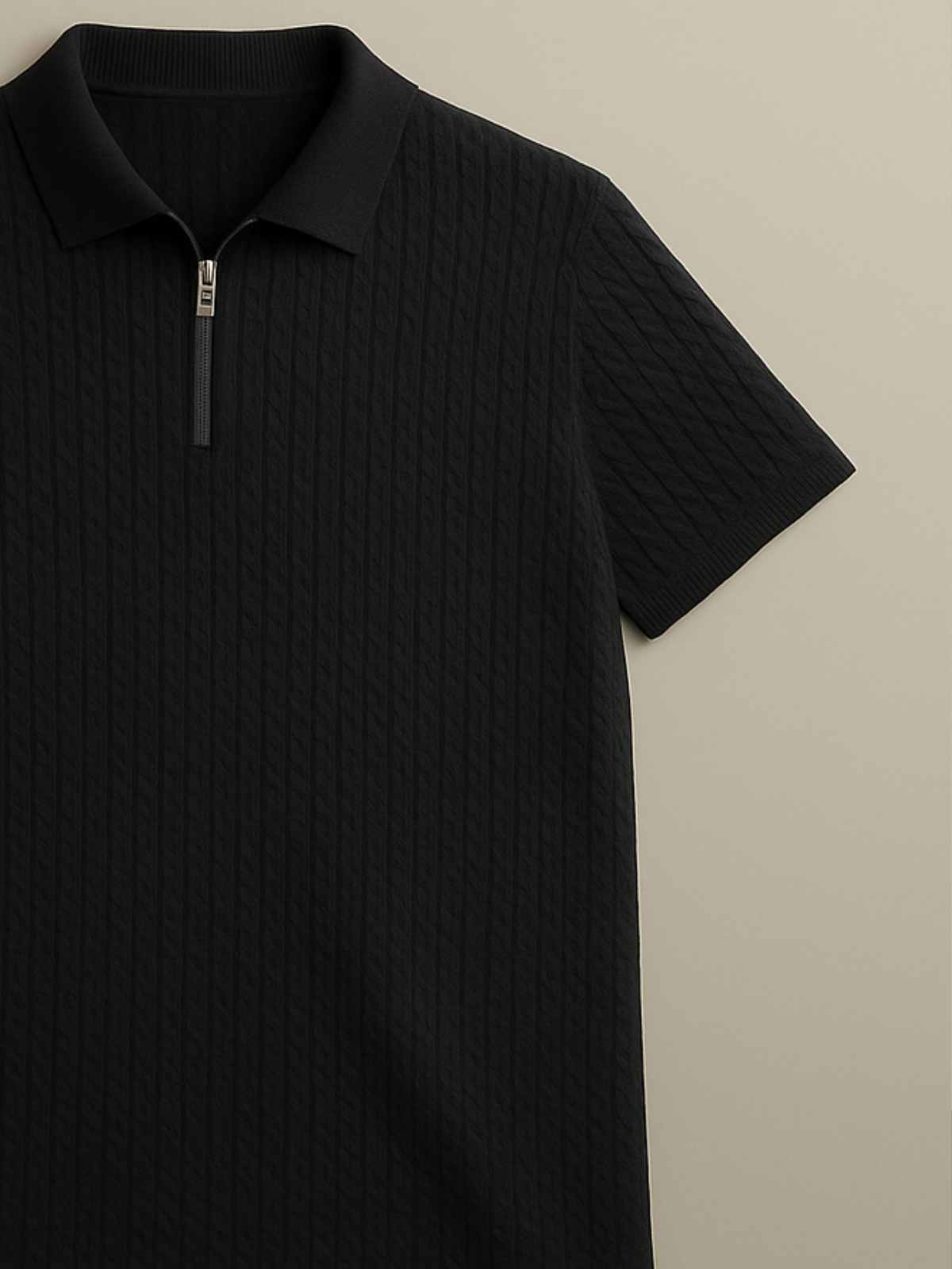 Embose Knitted Zipped Polo -  Jet Black