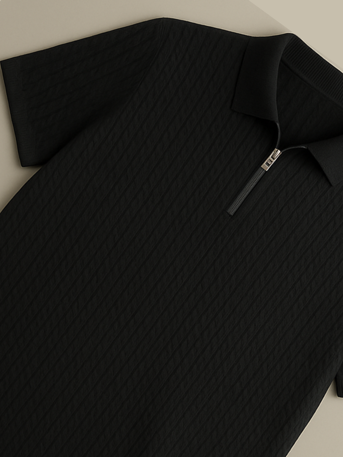 Embose Knitted Zipped Polo -  Jet Black