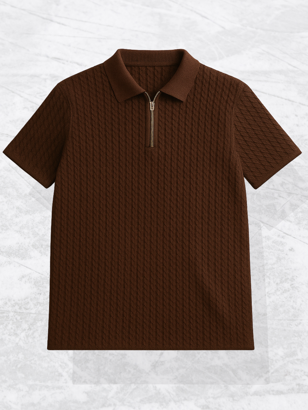 Embose Knitted Zipped Polo - Brown