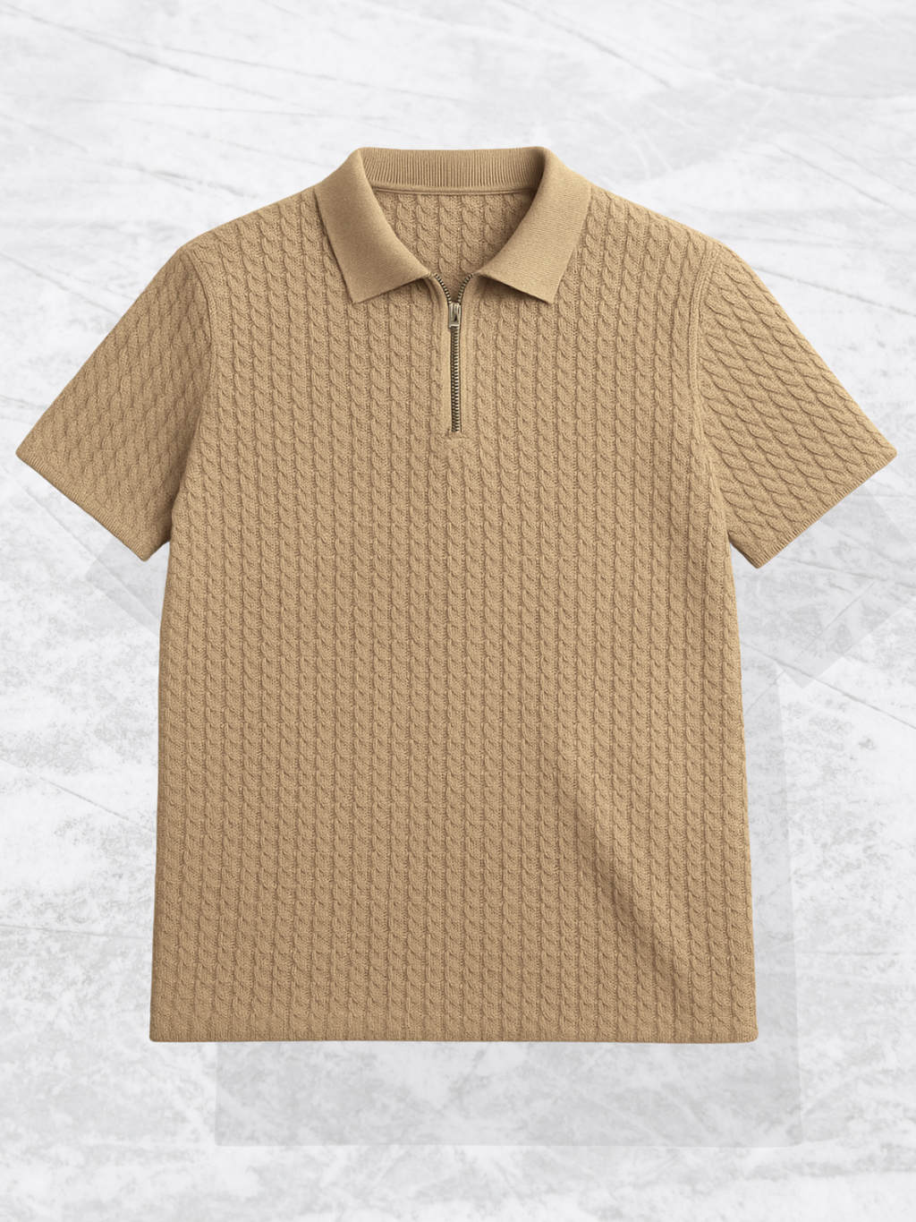 Embose Knitted Zipped Polo - Beige