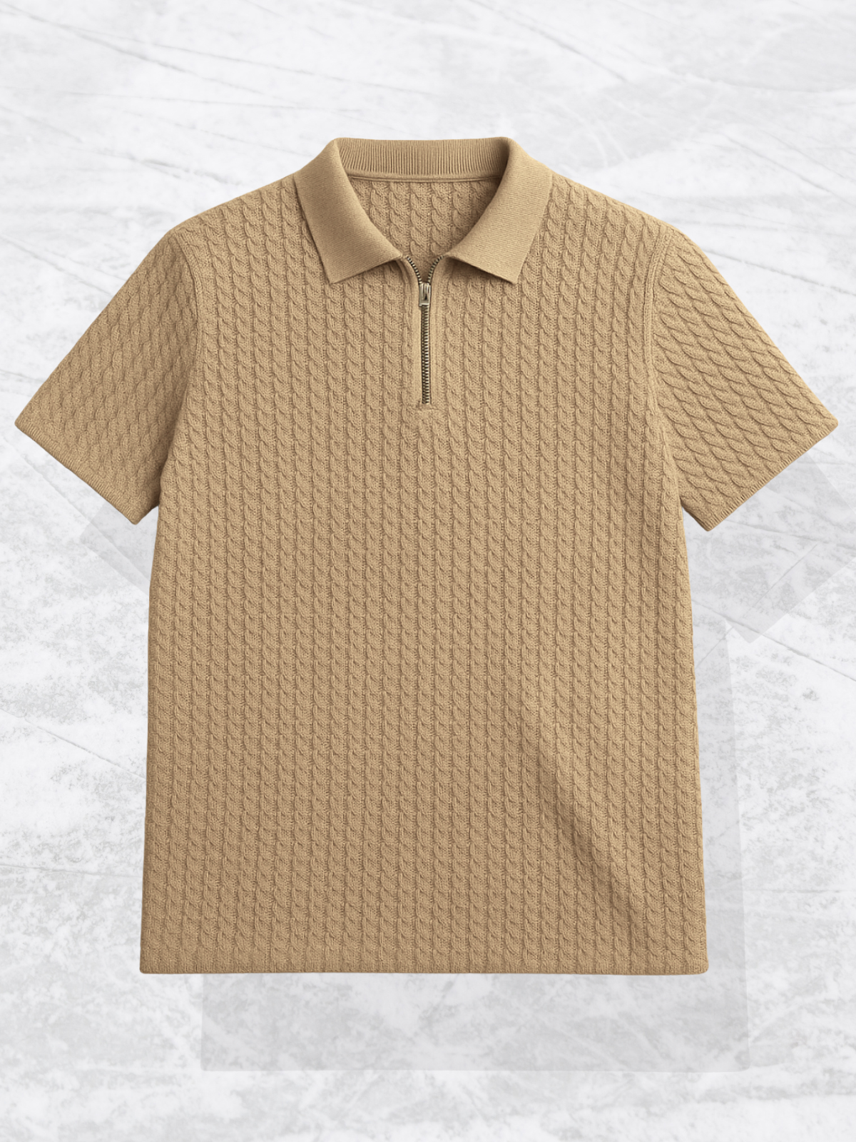 Embose Knitted Zipped Polo - Beige