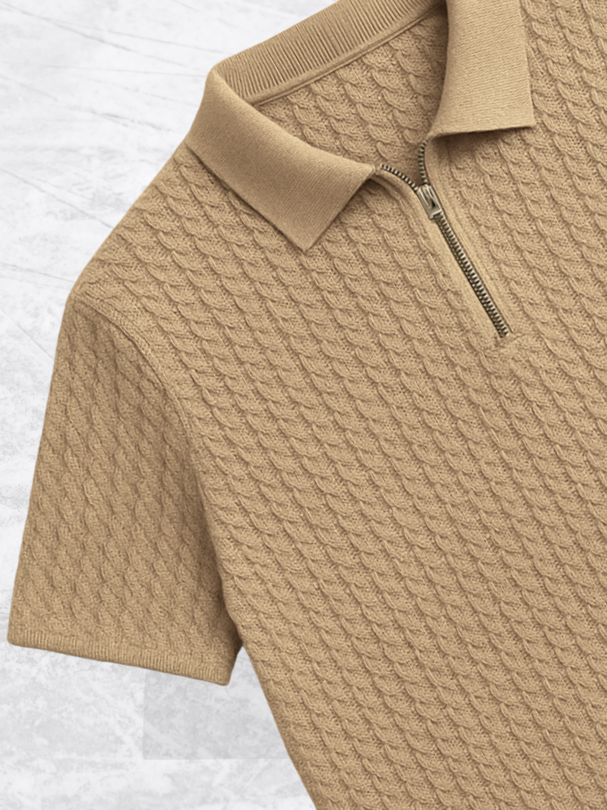 Embose Knitted Zipped Polo - Beige