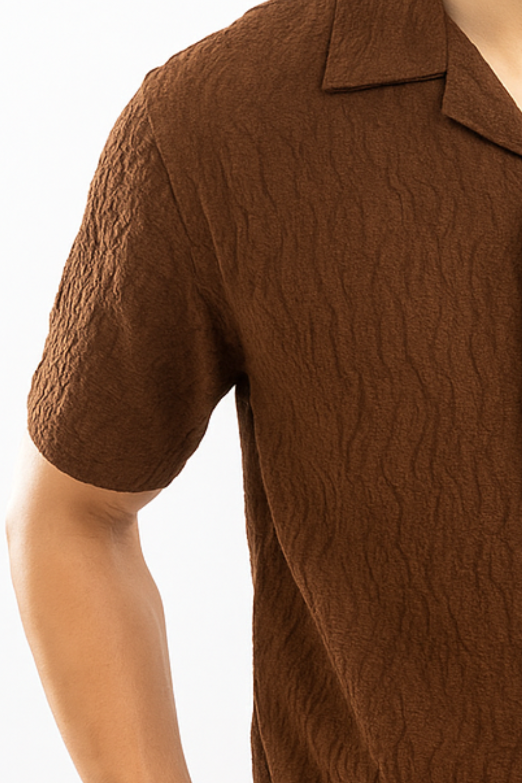 Wavy Crinkle Texture Cuban Collar Shirt - Brown