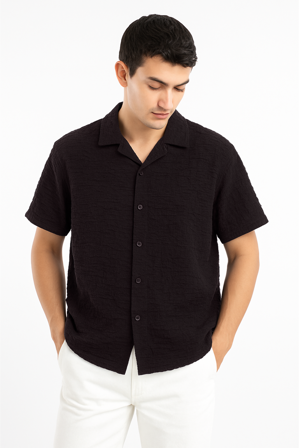 Crinkle Texture Cuban Collar Shirt - Black