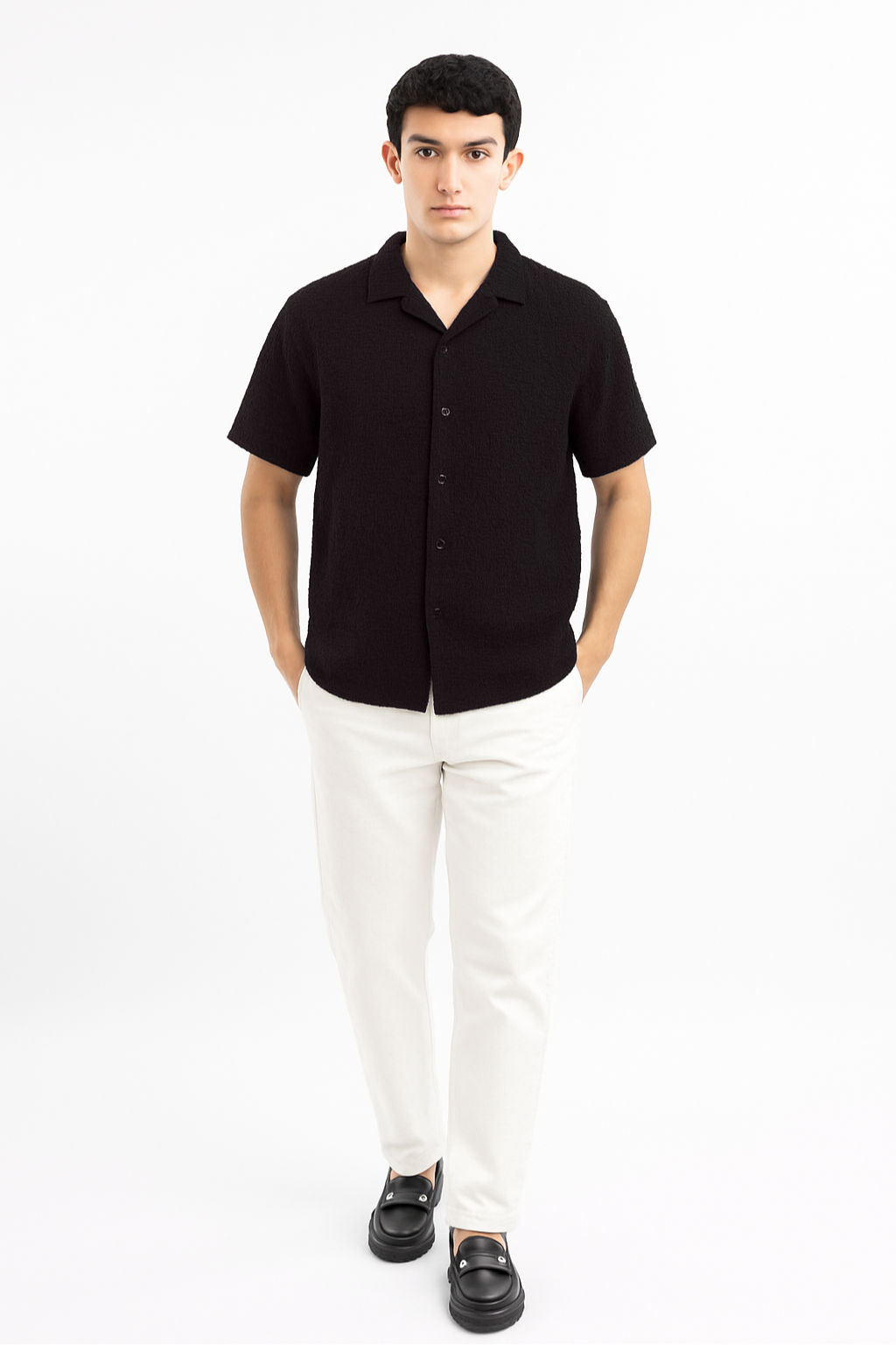 Crinkle Texture Cuban Collar Shirt - Black