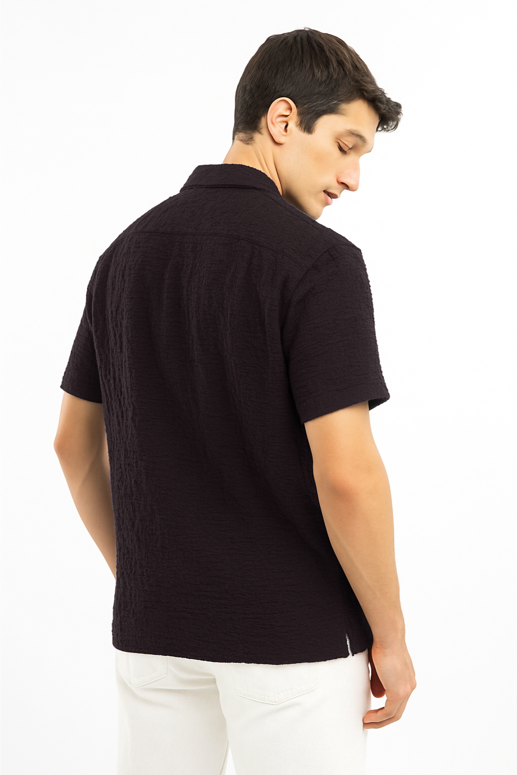 Crinkle Texture Cuban Collar Shirt - Black
