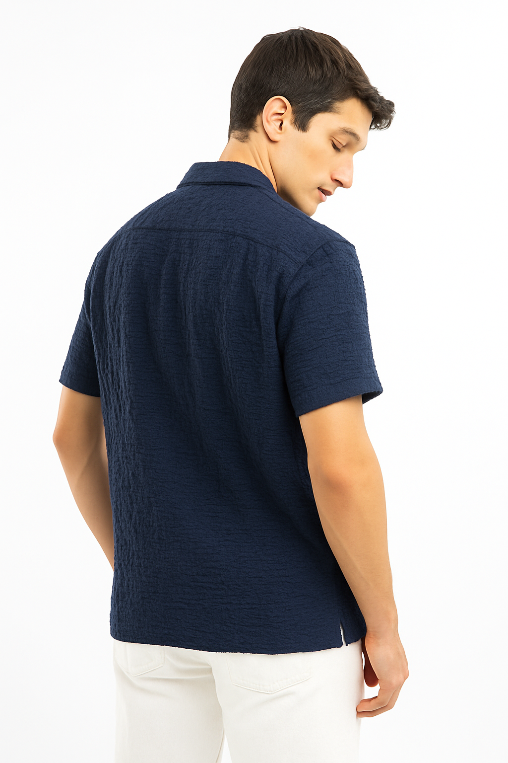 Crinkle Texture Cuban Collar Shirt - Navy Blue