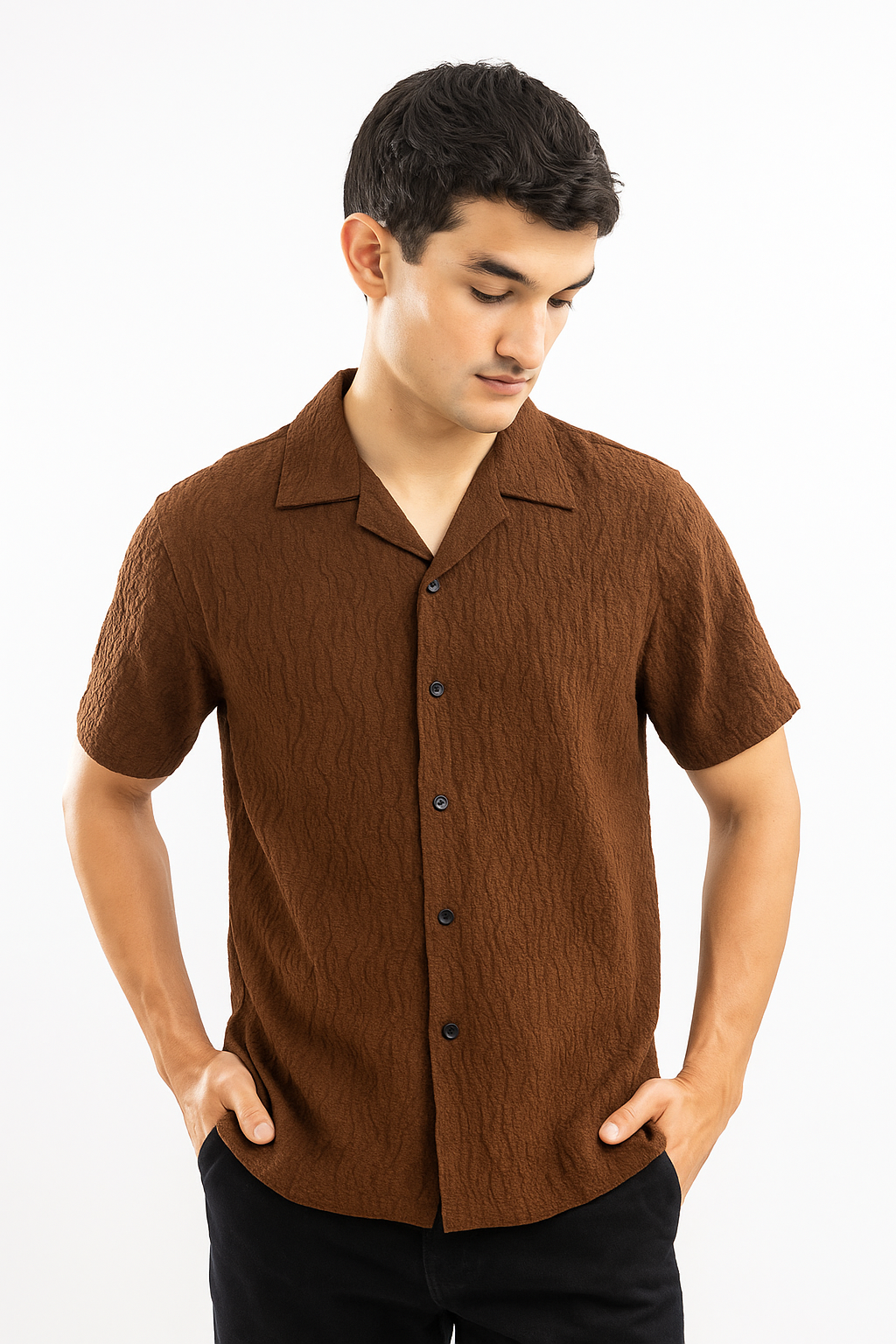 Wavy Crinkle Texture Cuban Collar Shirt - Brown