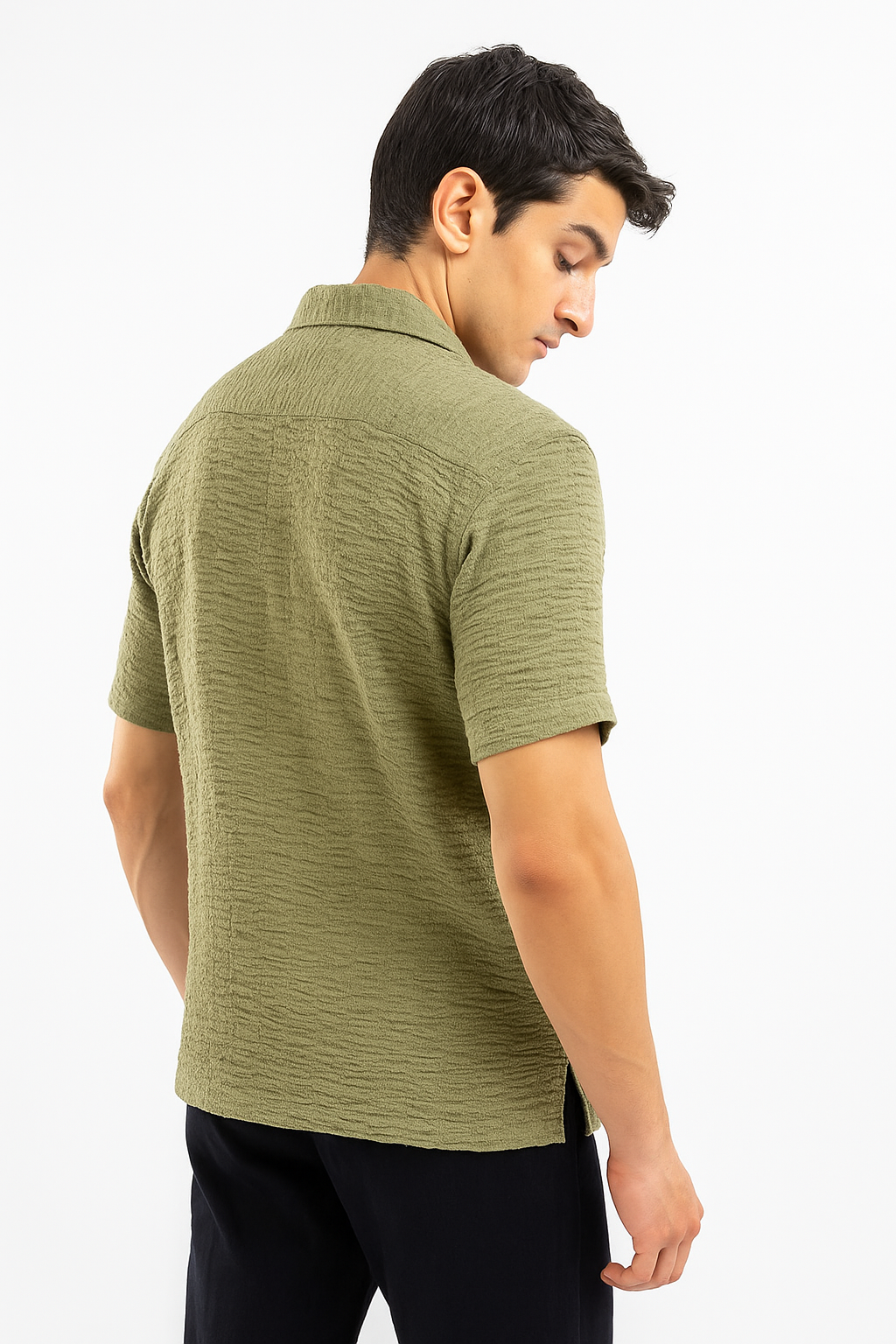 Crinkle Texture Cuban Collar Shirt - Cactus Green
