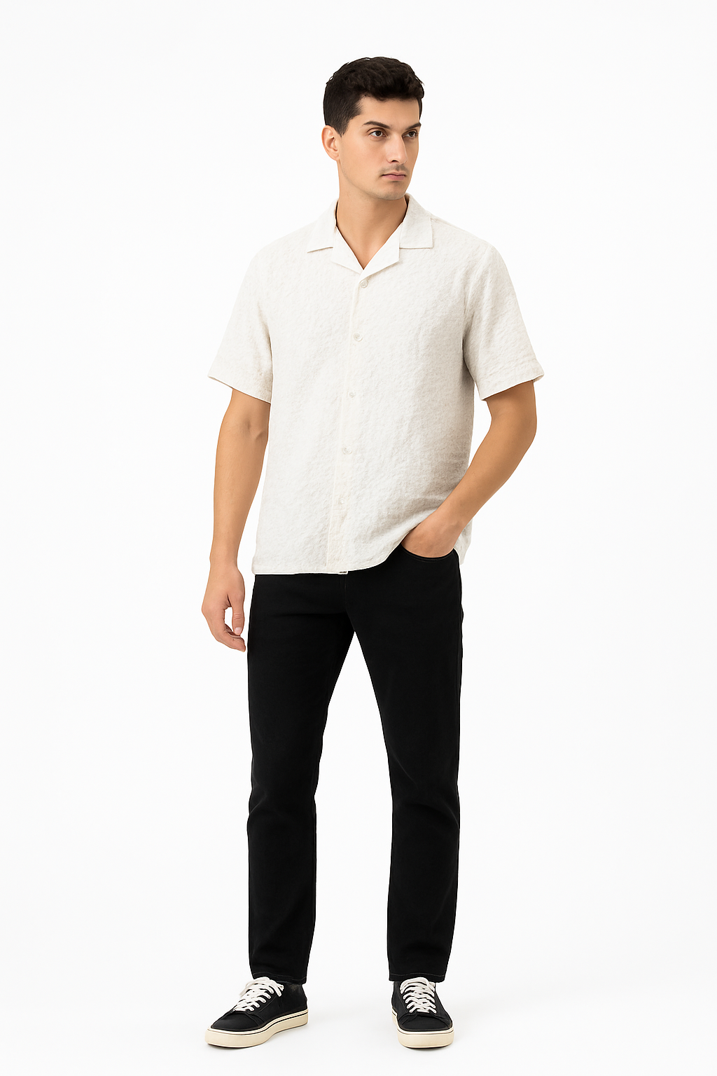 Crinkle Squared Cuban Collar Shirt - Off White