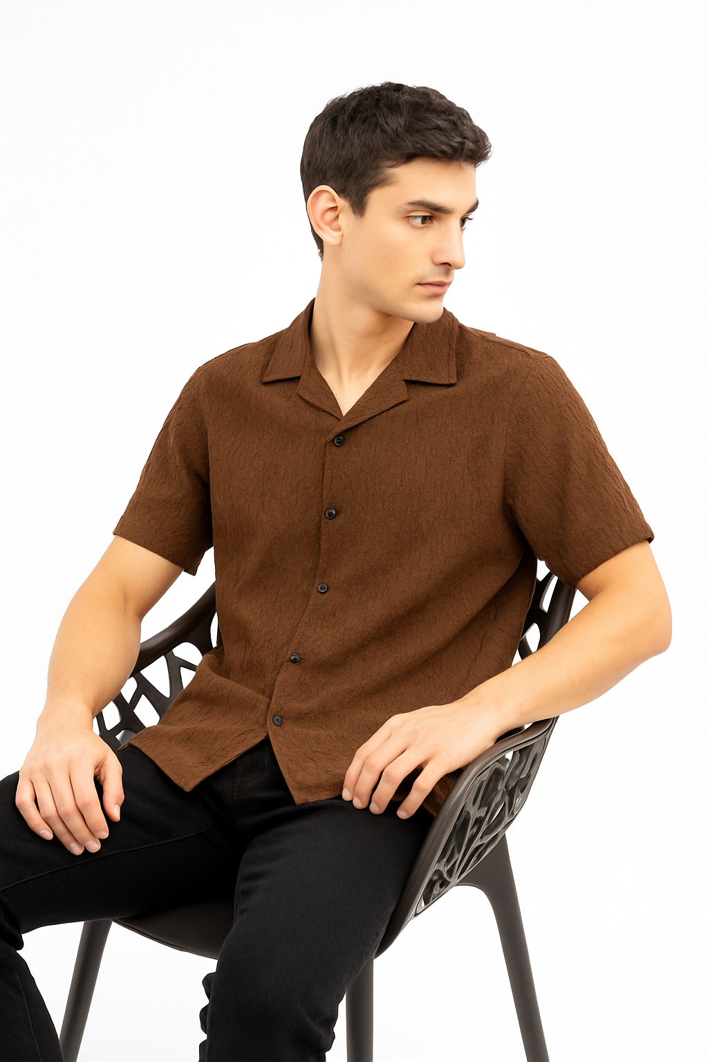 Wavy Crinkle Texture Cuban Collar Shirt - Brown