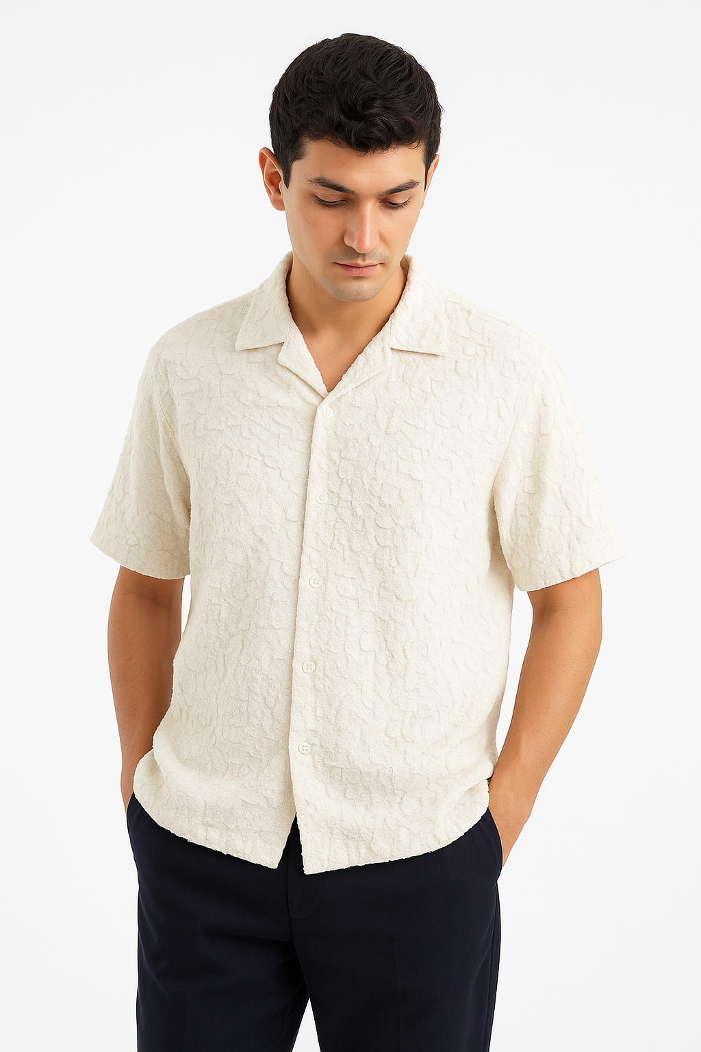 Crinkle Squared Cuban Collar Shirt - Off White
