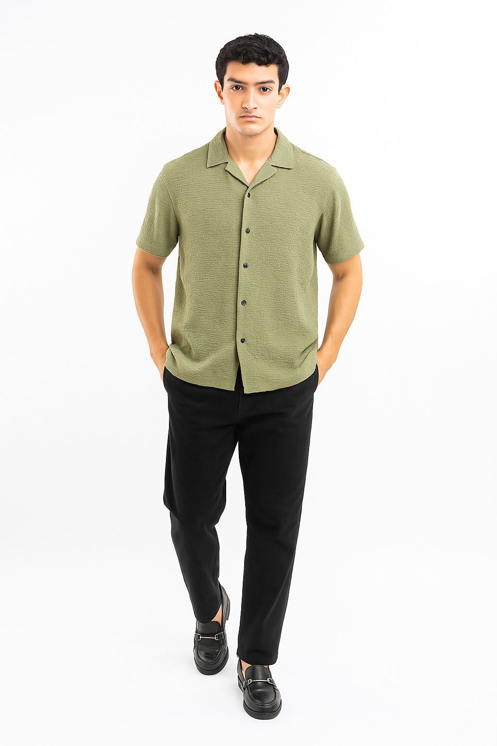 Crinkle Texture Cuban Collar Shirt - Cactus Green
