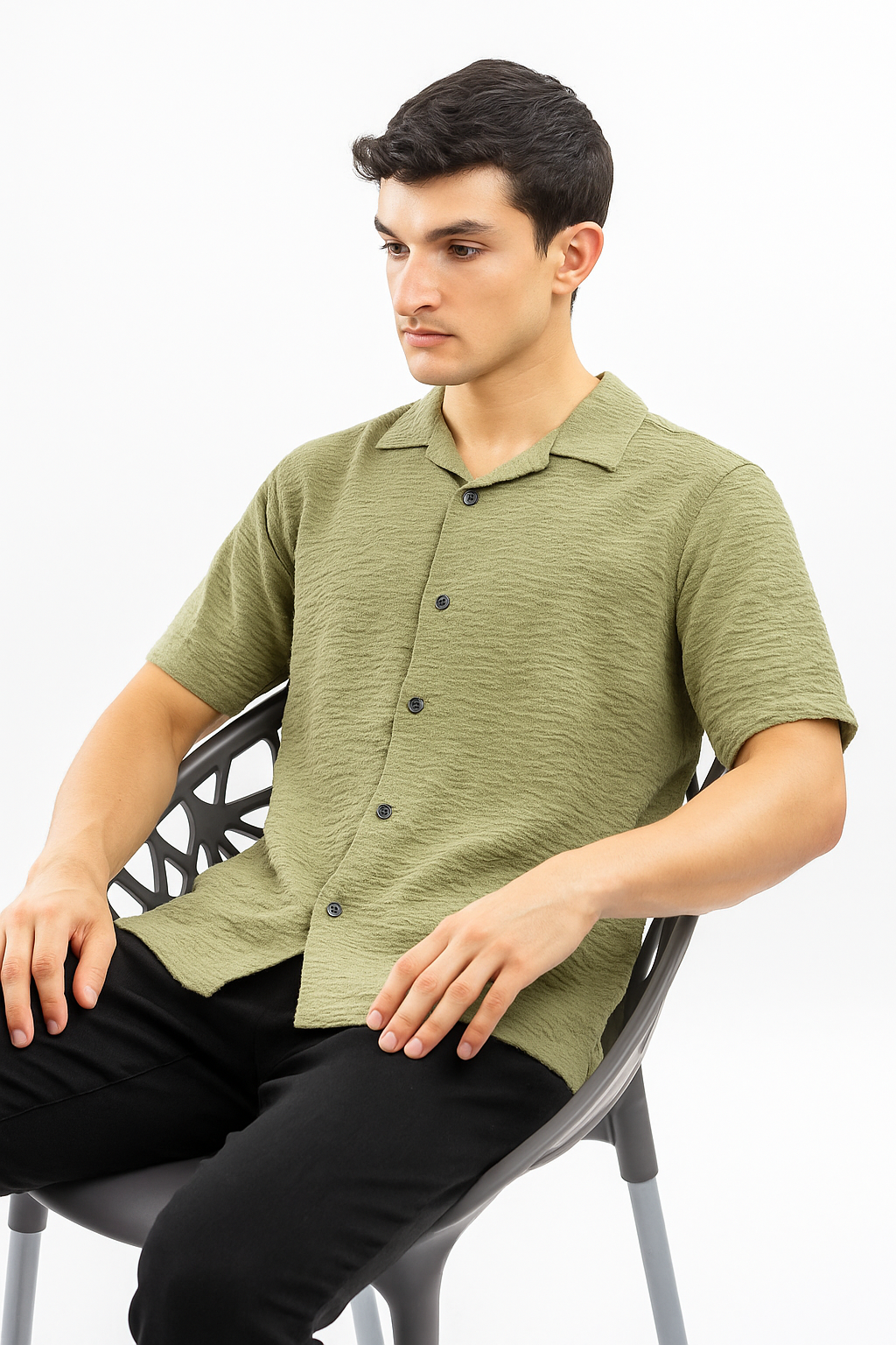 Crinkle Texture Cuban Collar Shirt - Cactus Green