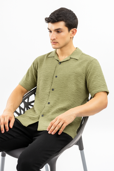 Crinkle Texture Cuban Collar Shirt - Cactus Green