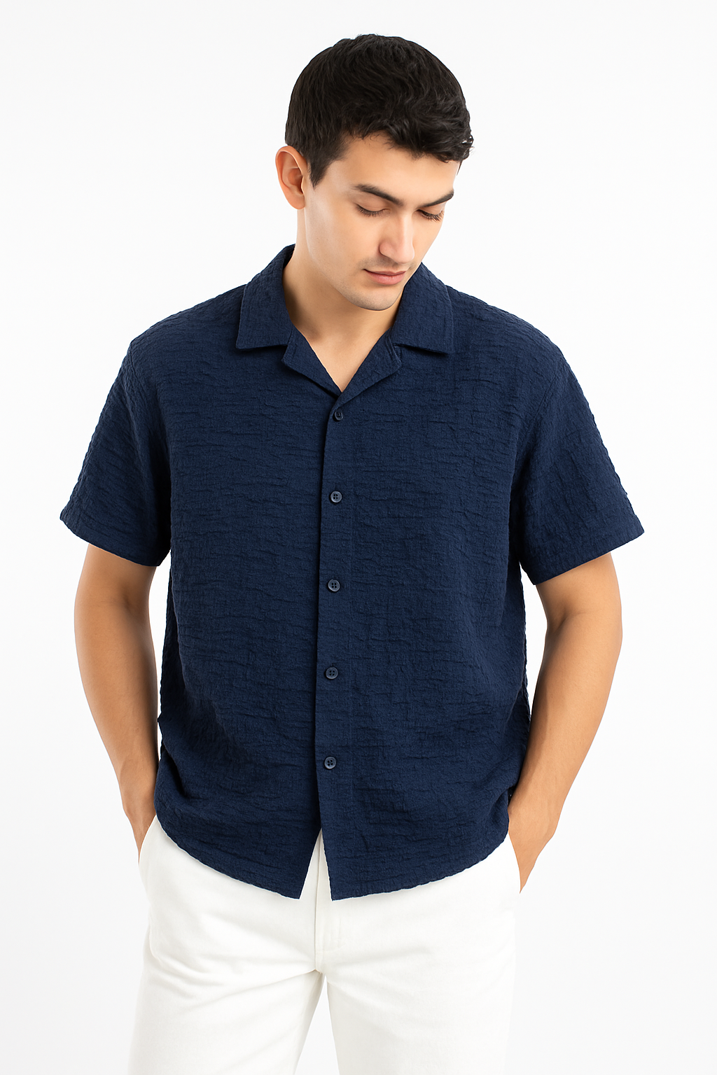 Crinkle Texture Cuban Collar Shirt - Navy Blue