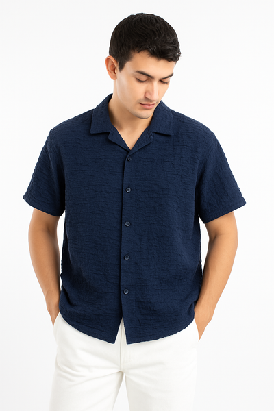 Crinkle Texture Cuban Collar Shirt - Navy Blue