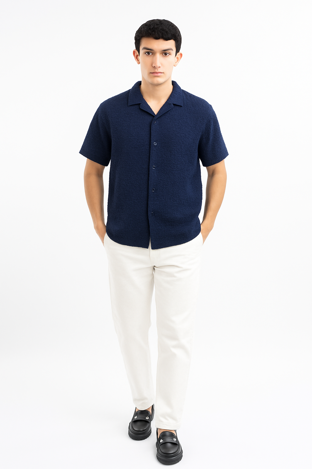 Crinkle Texture Cuban Collar Shirt - Navy Blue