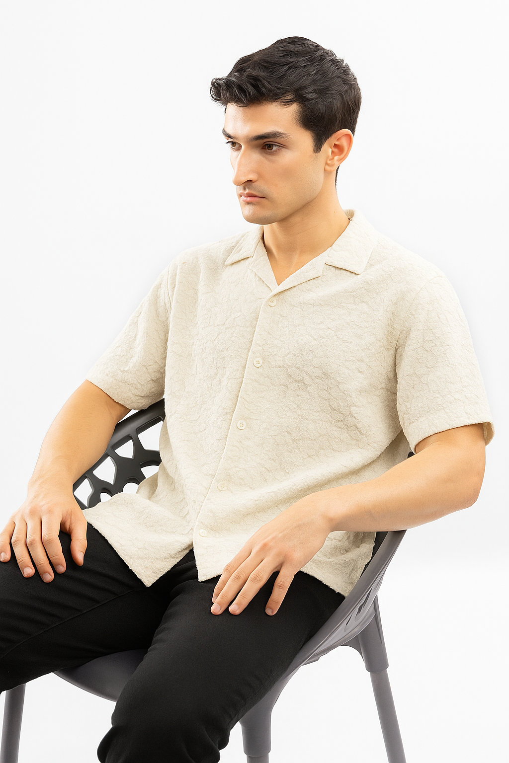 Crinkle Squared Cuban Collar Shirt - Off White