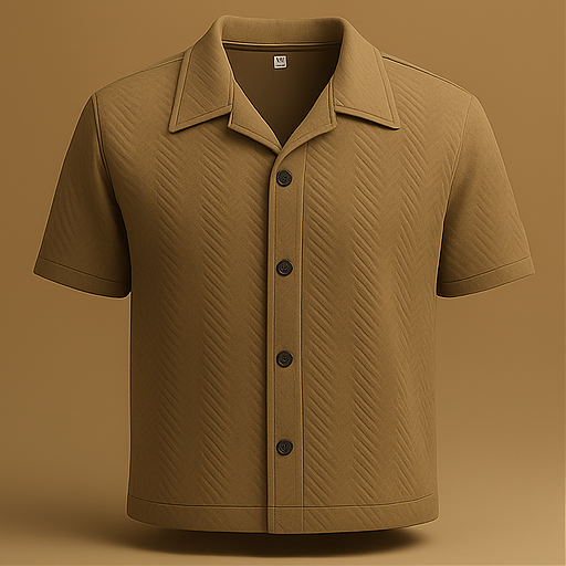 Waffle Knit Cuban Button-Up Shirt - Brown