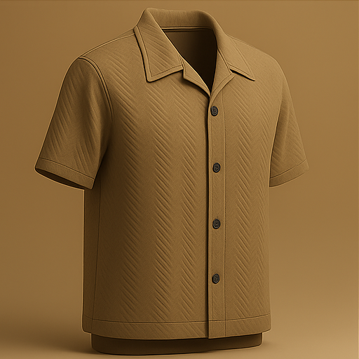 Waffle Knit Cuban Button-Up Shirt - Brown