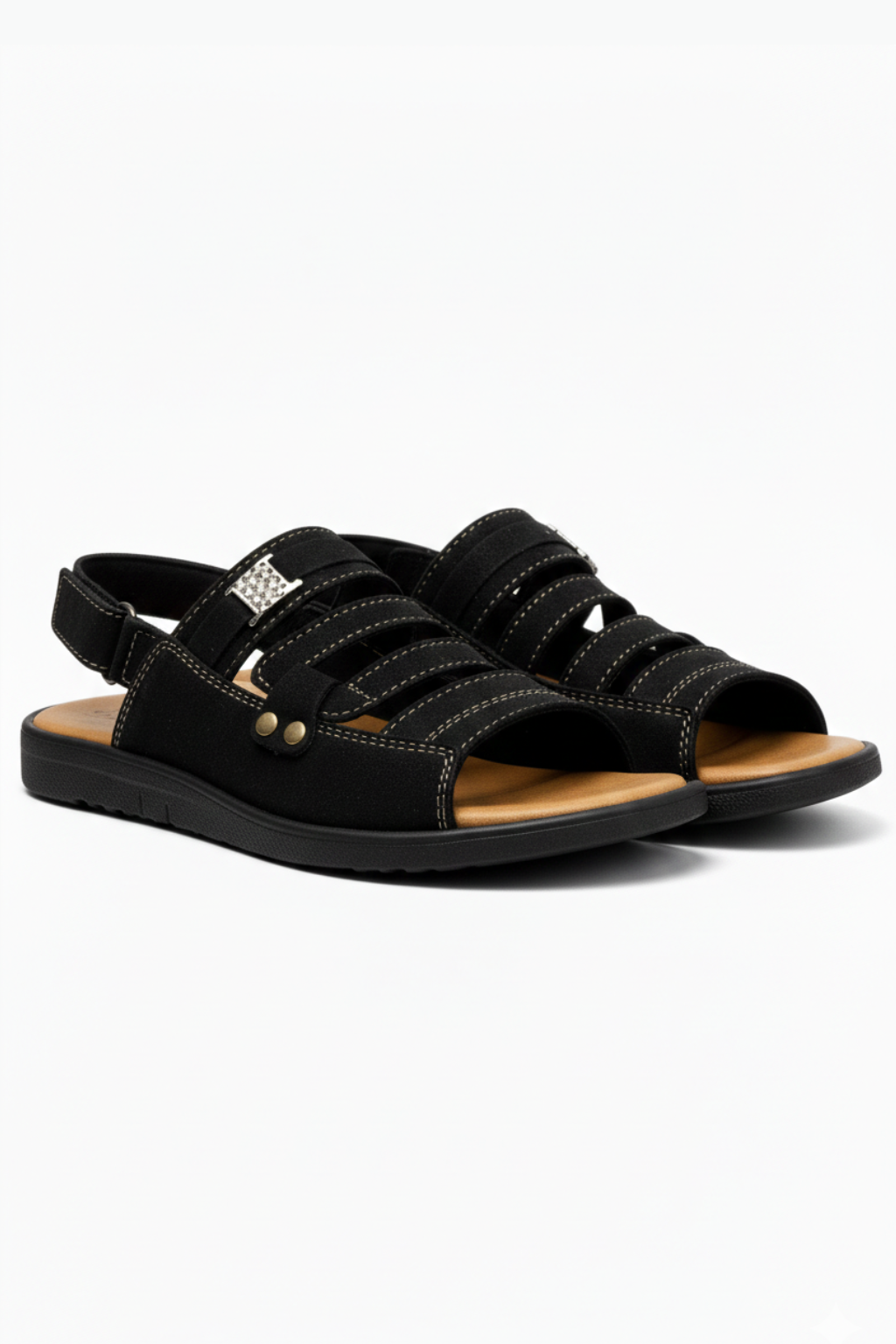 Mono Stripe Synthetic Suede Sandal - Black